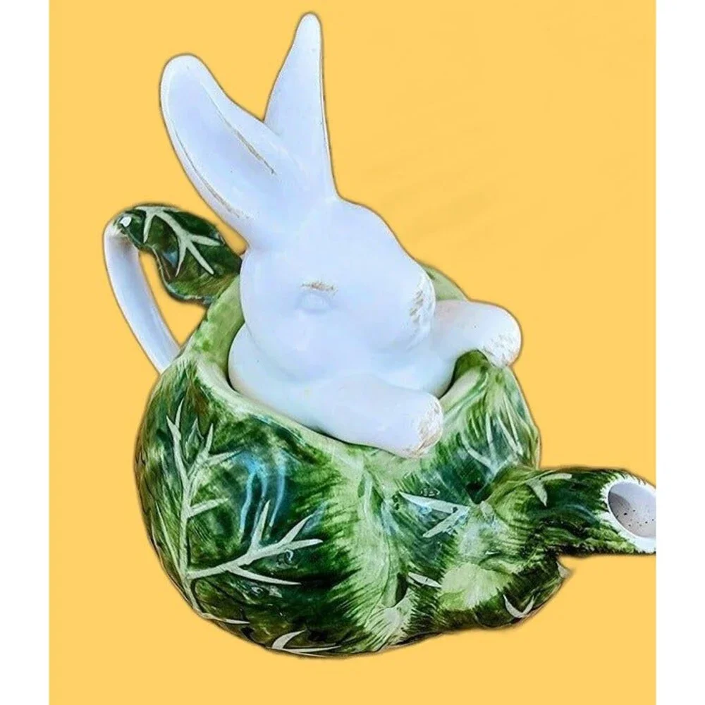 Pier 1 Pier One Small Cabbage Teapot with Bunny Lid 8
